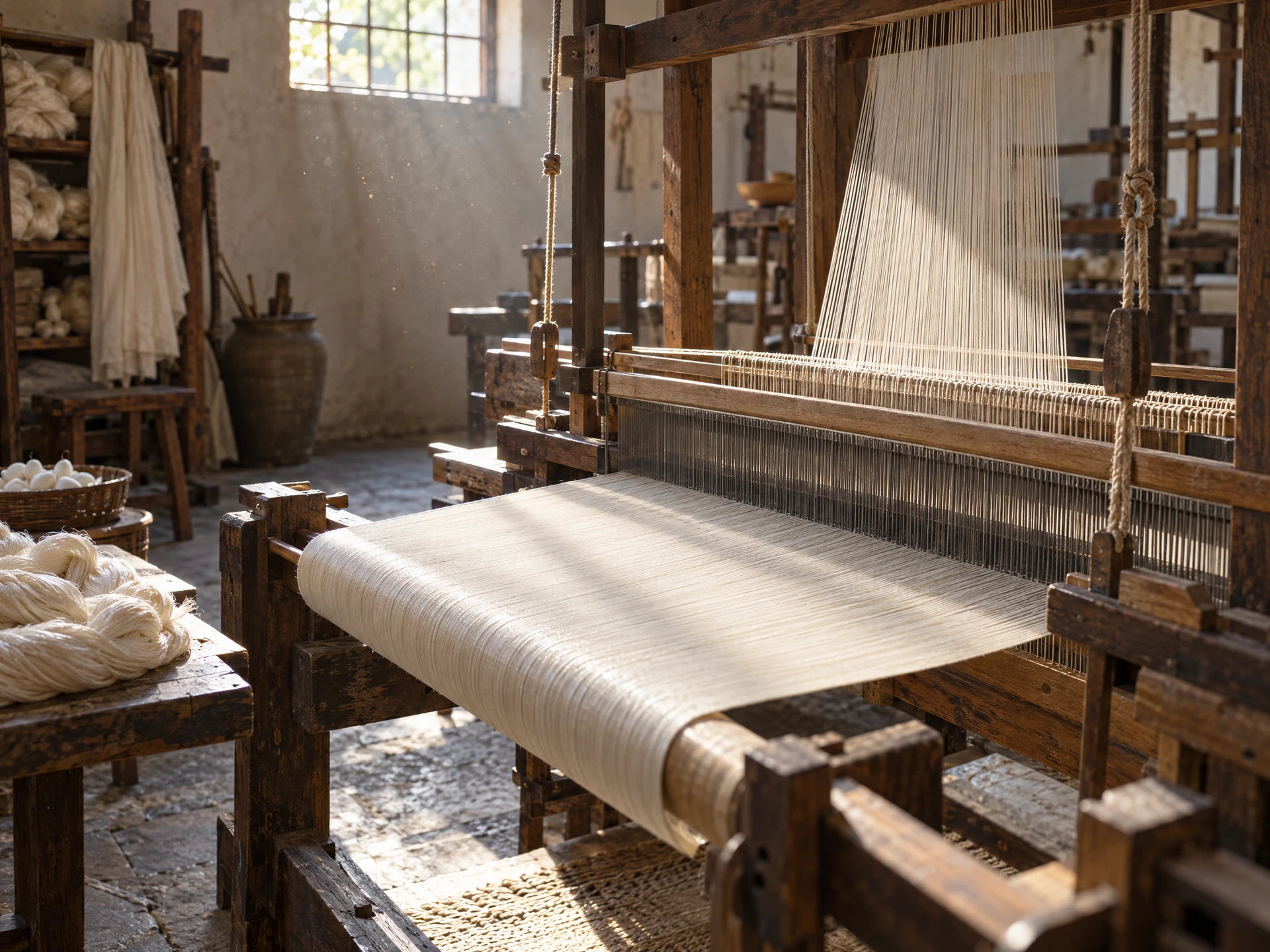 A wooden handloom strung with fine ivory silk threads held in tension in a small weaving workshop.