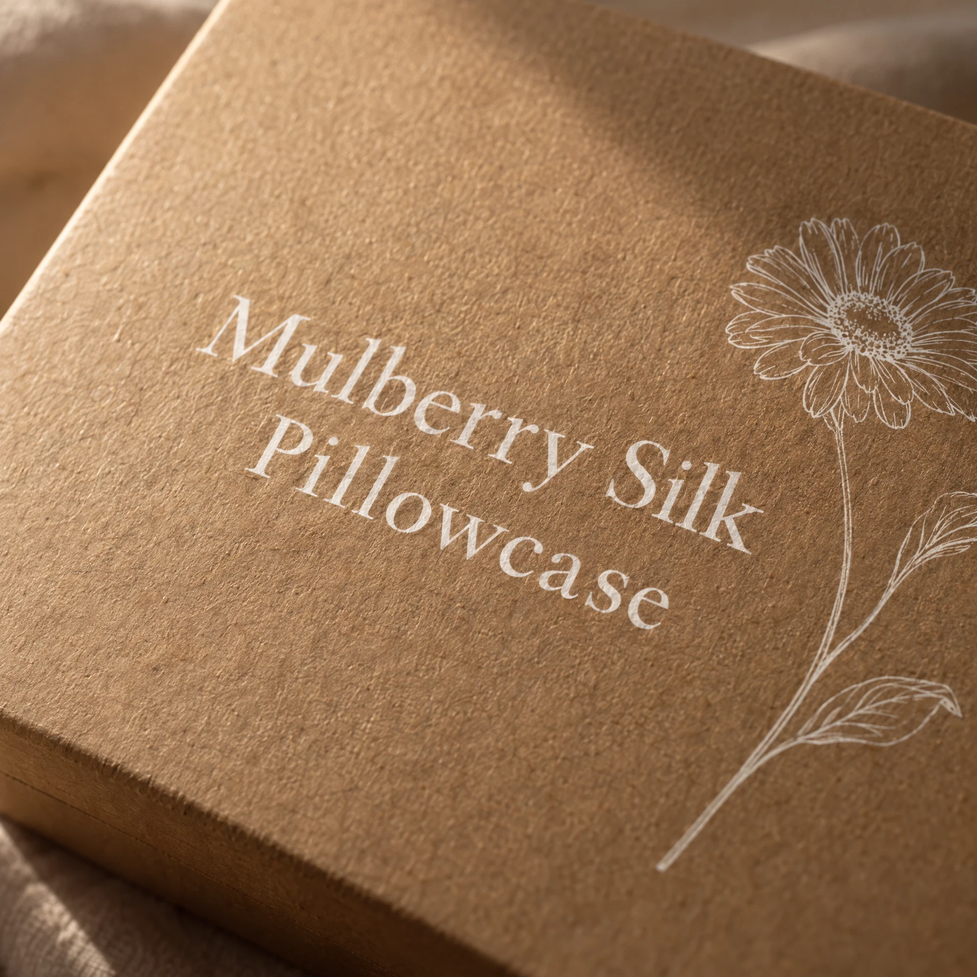 Close view of the box lid: white serif lettering reading Mulberry Silk Pillowcase beside a fine white line drawing of a daisy.