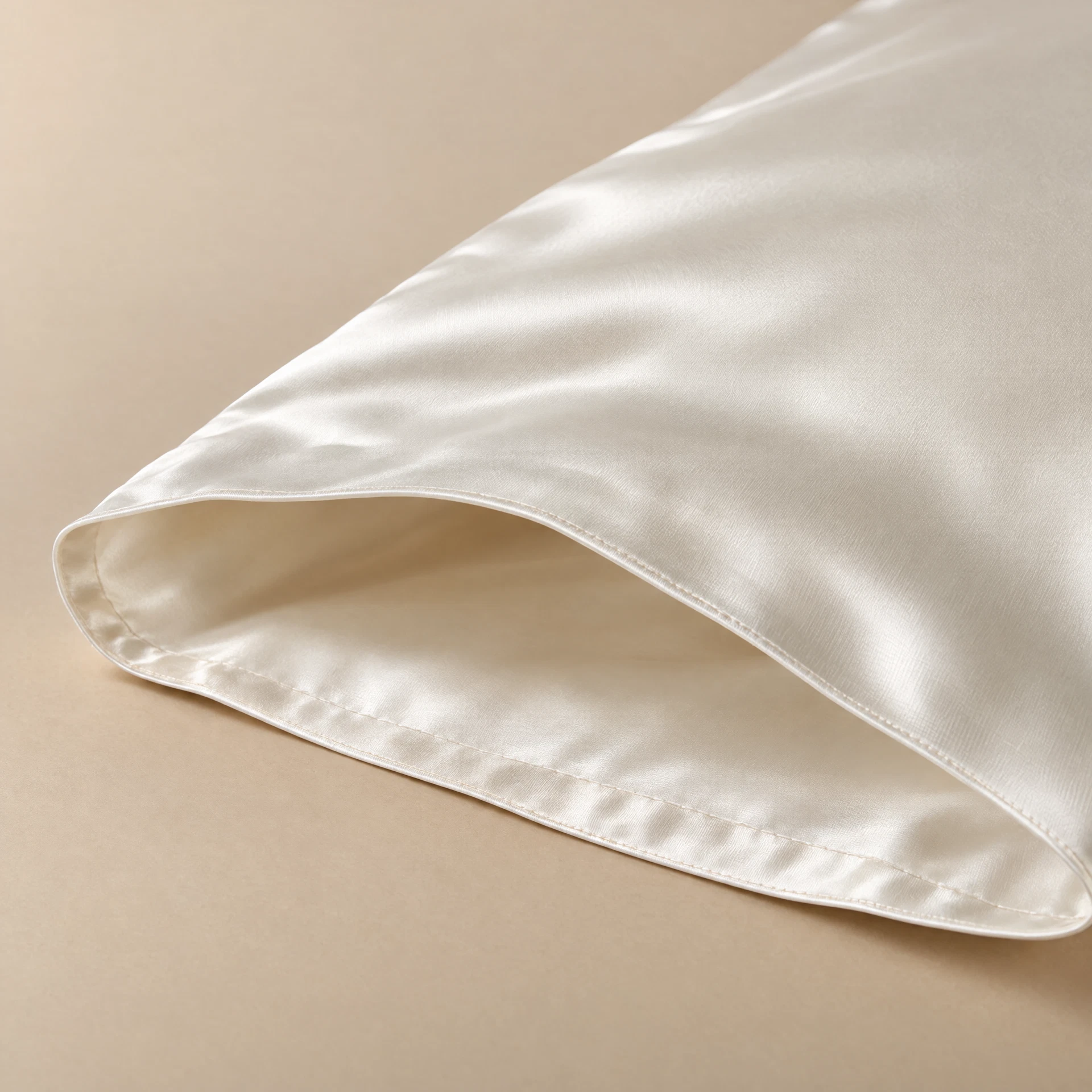 Close-up of the open end of an ivory silk pillowcase, showing a clean finished edge with no zipper and no closure hardware.