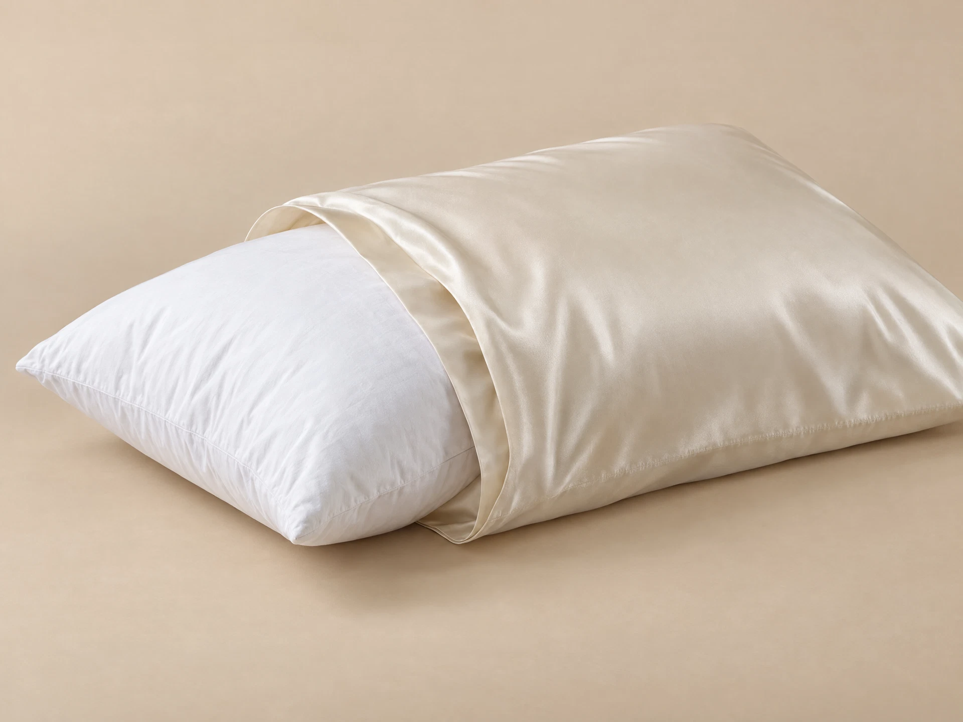 A pillow half inserted into the open end of the silk pillowcase, which has no zipper or flap.